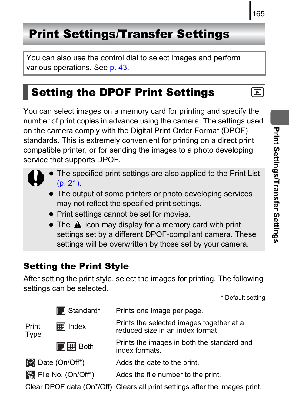 Print settings/transfer settings, Setting the dpof print settings, Pp. 165 | P. 165, Int settings, P. 165), Setting the print style | Canon 970 IS User Manual | Page 167 / 238