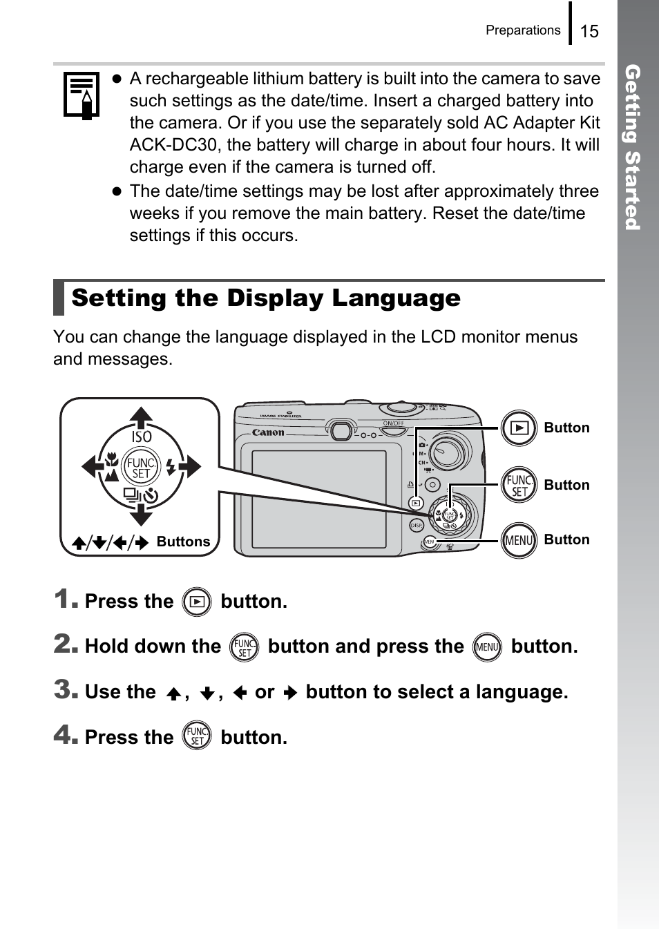 P. 15), To change the, Setting the display language | Canon 970 IS User Manual | Page 17 / 238