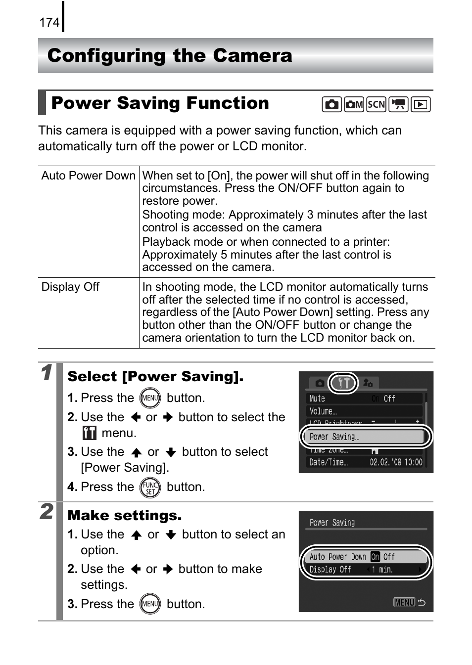 Configuring the camera, Power saving function | Canon 970 IS User Manual | Page 176 / 238