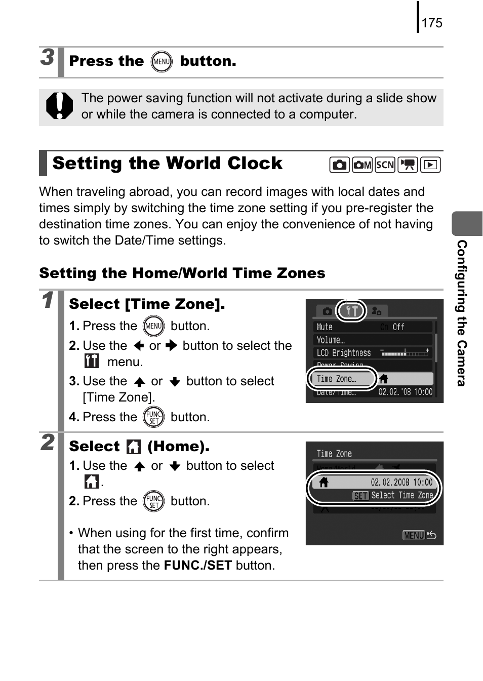 Setting the world clock, Electing a time zone, P. 175) | P. 175 | Canon 970 IS User Manual | Page 177 / 238