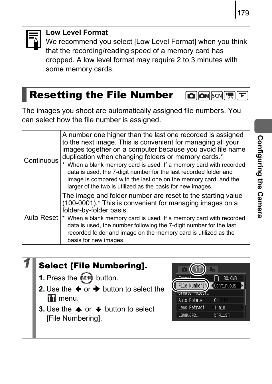 Resetting the file number, P. 179, Select [file numbering | Canon 970 IS User Manual | Page 181 / 238