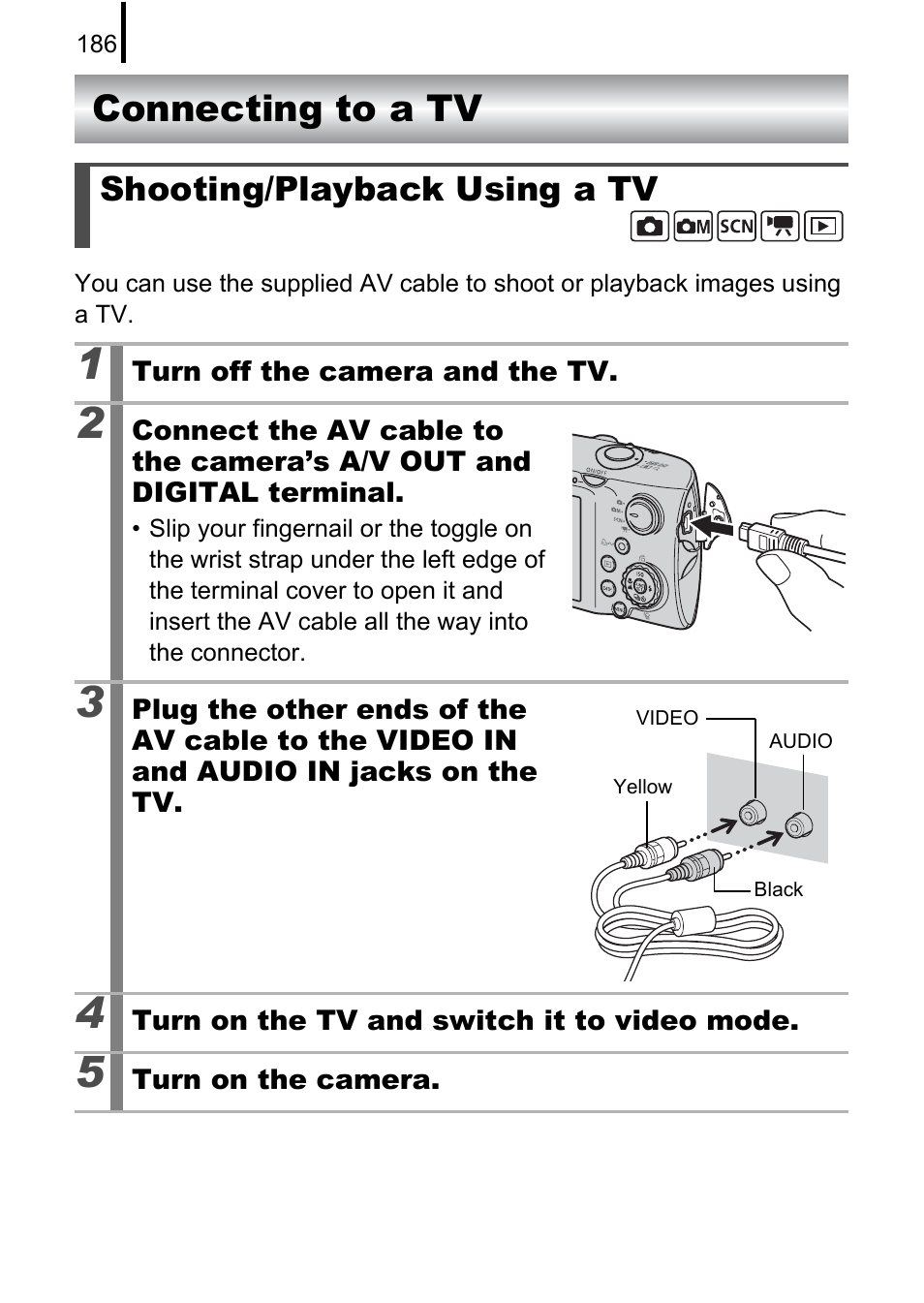 Connecting to a tv, Shooting/playback using a tv, P. 186) | P. 186 | Canon 970 IS User Manual | Page 188 / 238