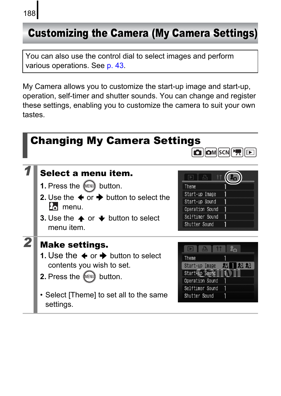 Customizing the camera (my camera settings), Changing my camera settings, P. 188) | Ettings | Canon 970 IS User Manual | Page 190 / 238