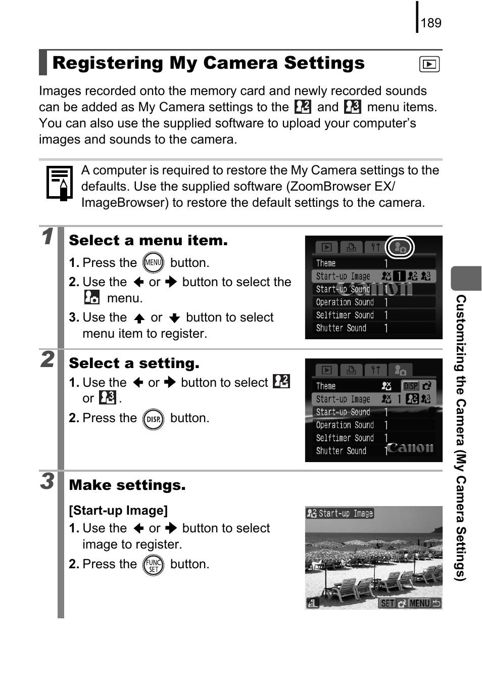 Registering my camera settings, Camera settings, P. 189) | Canon 970 IS User Manual | Page 191 / 238