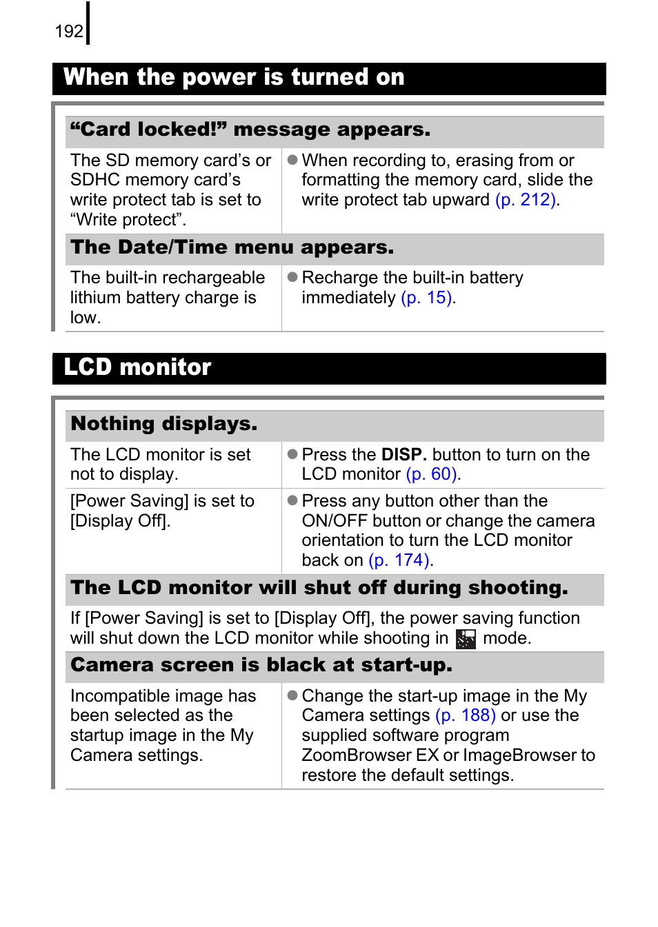 P. 192), When the power is turned on, Lcd monitor | Canon 970 IS User Manual | Page 194 / 238