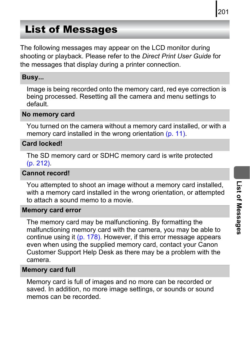 List of messages | Canon 970 IS User Manual | Page 203 / 238