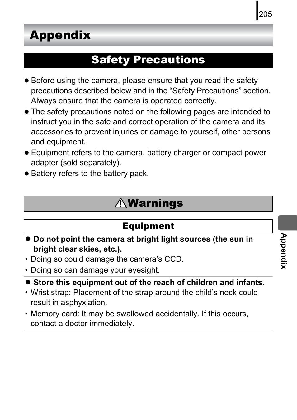 Appendix, Safety precautions, Pp. 205 | Safety precautions warnings | Canon 970 IS User Manual | Page 207 / 238