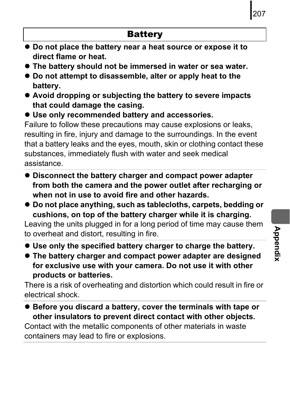 Tery, P. 207), Battery | Canon 970 IS User Manual | Page 209 / 238