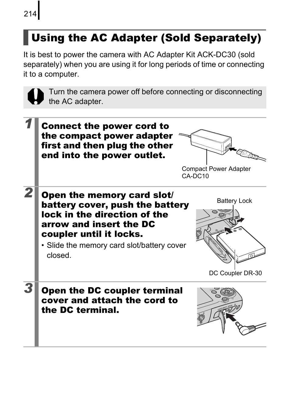 Using the ac adapter (sold separately), P. 214) | Canon 970 IS User Manual | Page 216 / 238