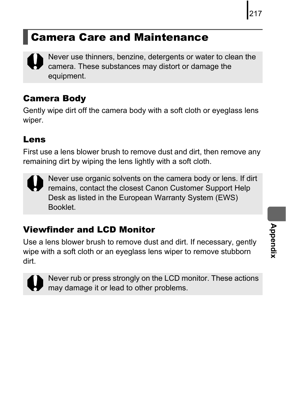 Camera care and maintenance | Canon 970 IS User Manual | Page 219 / 238