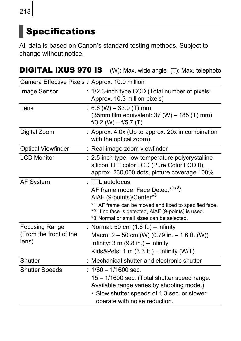Specifications, Distance, P. 218) | Digital ixus 970 is | Canon 970 IS User Manual | Page 220 / 238