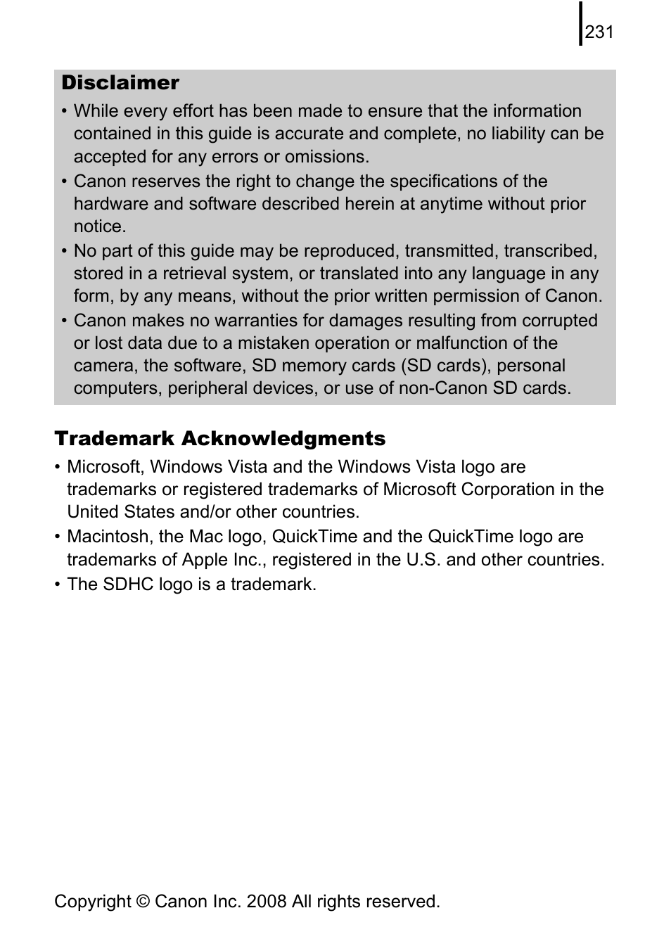 Trademark acknowledgments, Disclaimer | Canon 970 IS User Manual | Page 233 / 238