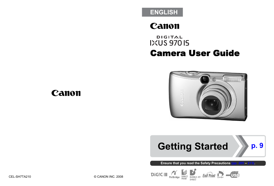 Getting started, Camera user guide, P. 9 | English | Canon 970 IS User Manual | Page 238 / 238