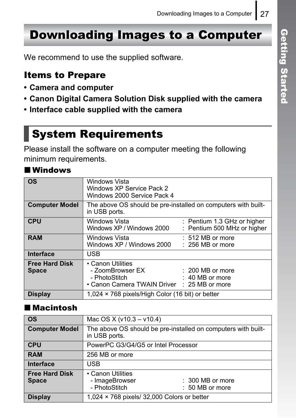 Downloading images to a computer, System requirements, Getting started | Items to prepare | Canon 970 IS User Manual | Page 29 / 238