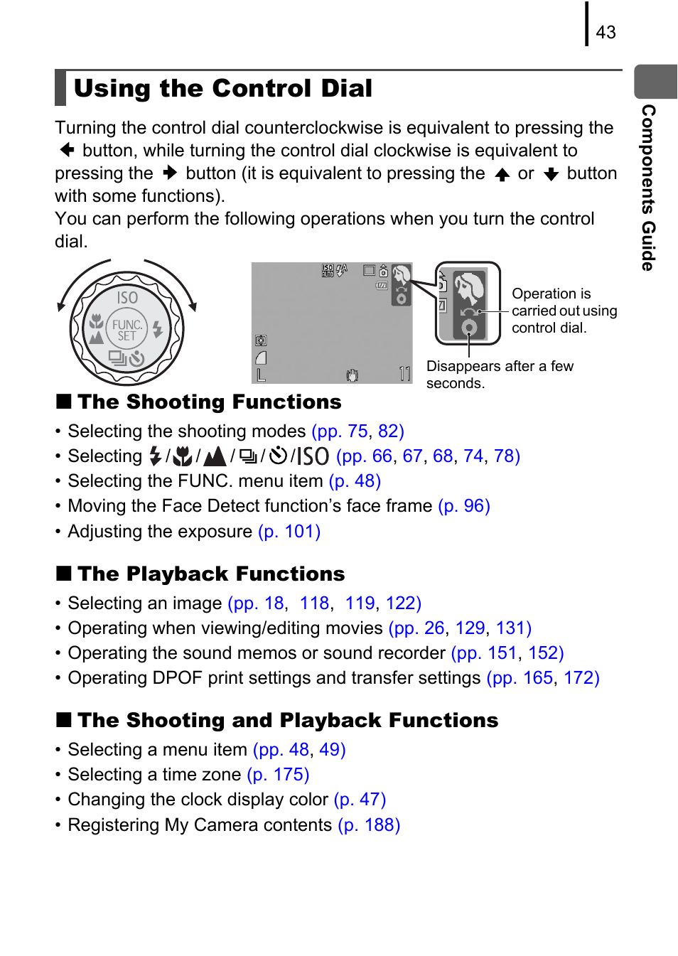 Using the control dial, Ontrol dial, P. 43) | The shooting functions, The playback functions, The shooting and playback functions | Canon 970 IS User Manual | Page 45 / 238