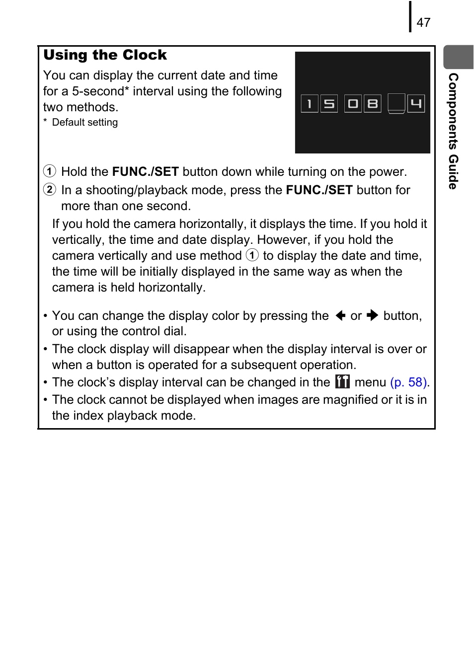 P. 47), Using the clock | Canon 970 IS User Manual | Page 49 / 238