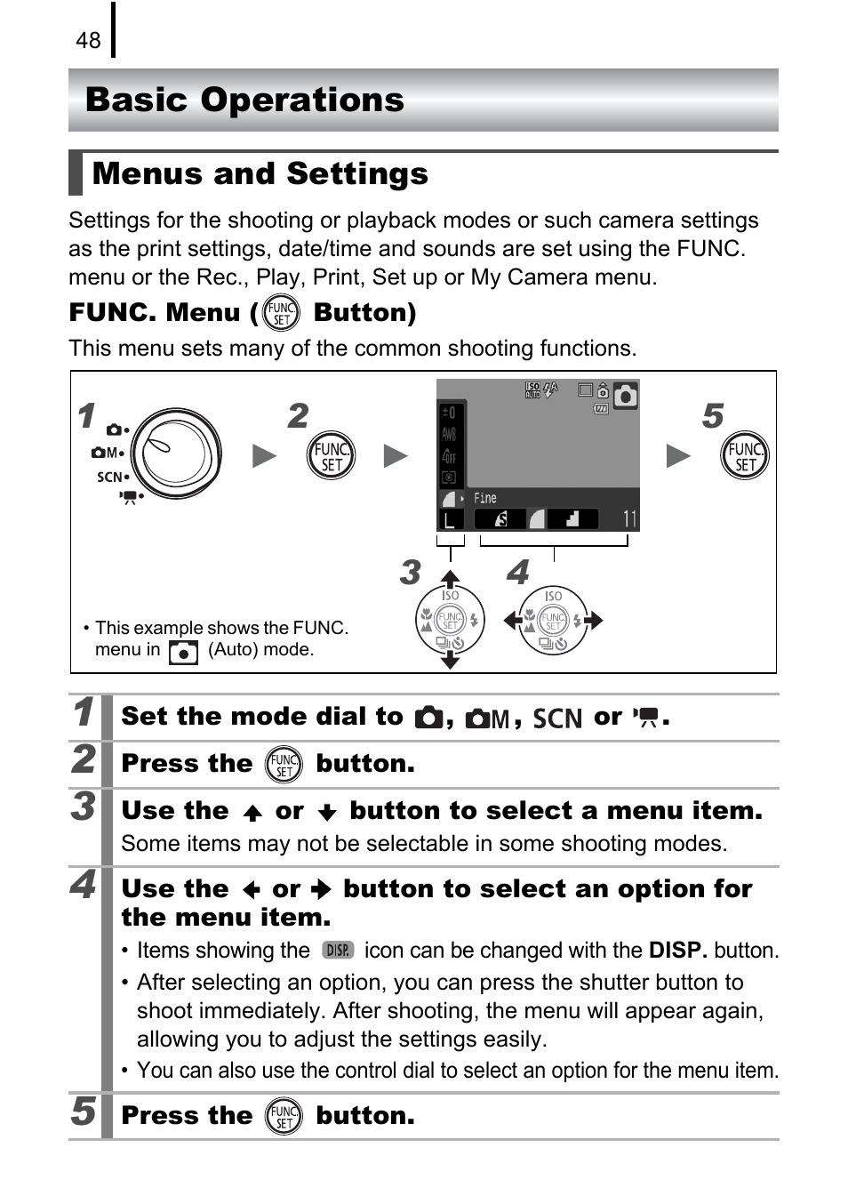 Basic operations, Menus and settings, P. 48) | Electing a menu item, Pp. 48 | Canon 970 IS User Manual | Page 50 / 238