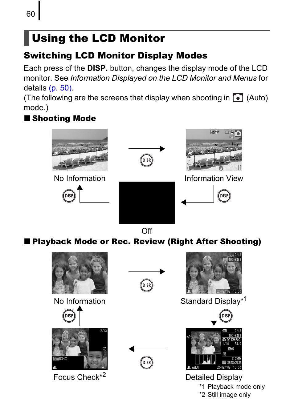 Using the lcd monitor, P. 60), Tor off | While sho, Switching lcd monitor display modes | Canon 970 IS User Manual | Page 62 / 238