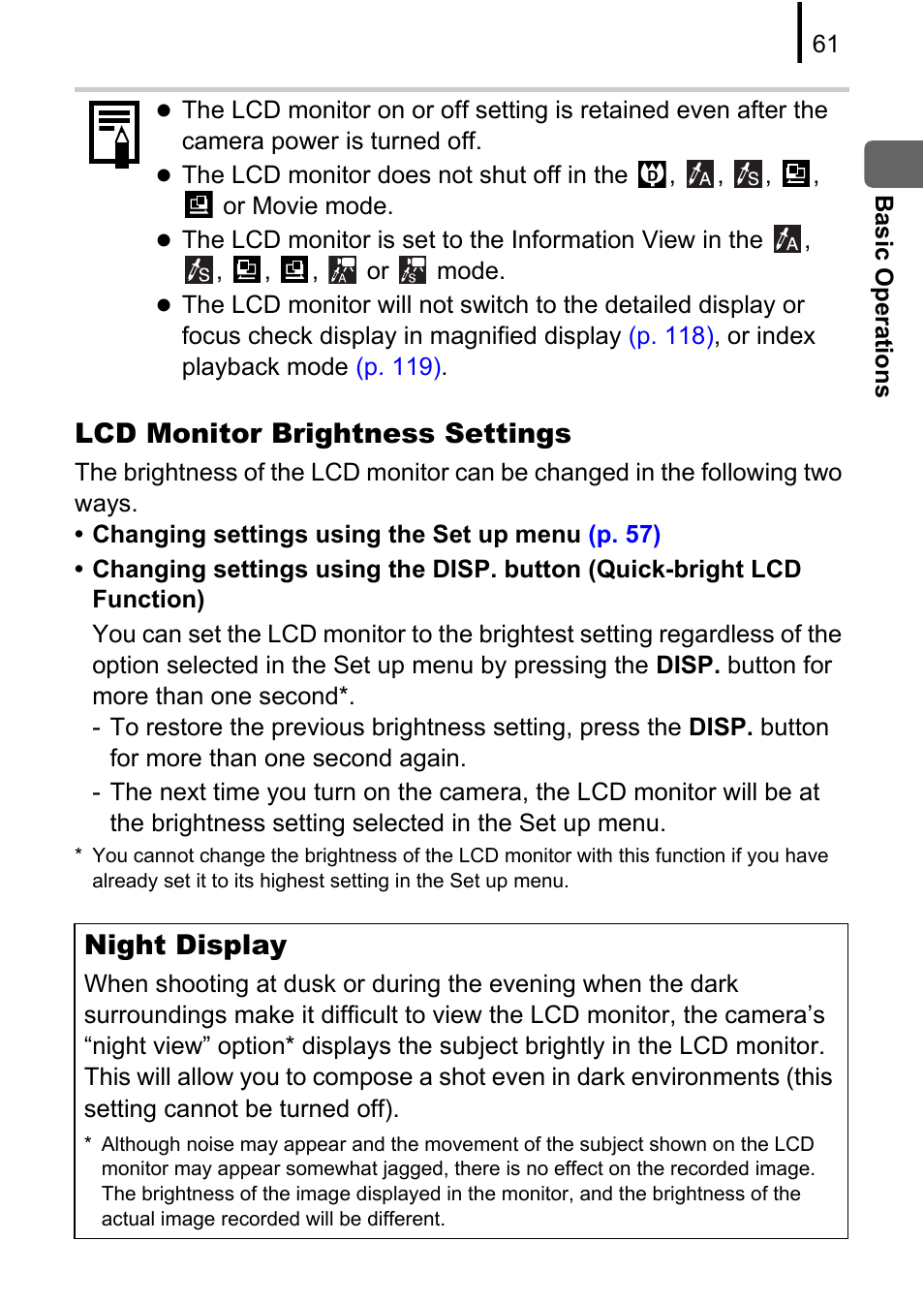 Lcd monitor brightness settings, Night display | Canon 970 IS User Manual | Page 63 / 238