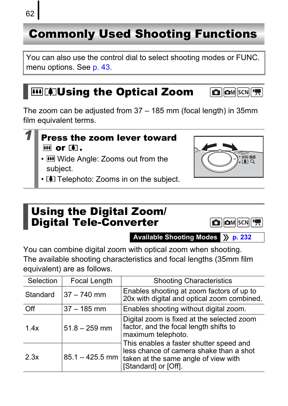 Commonly used shooting functions, Using the optical zoom, Using the digital zoom/ digital tele-converter | Pp. 62, P. 62 | Canon 970 IS User Manual | Page 64 / 238