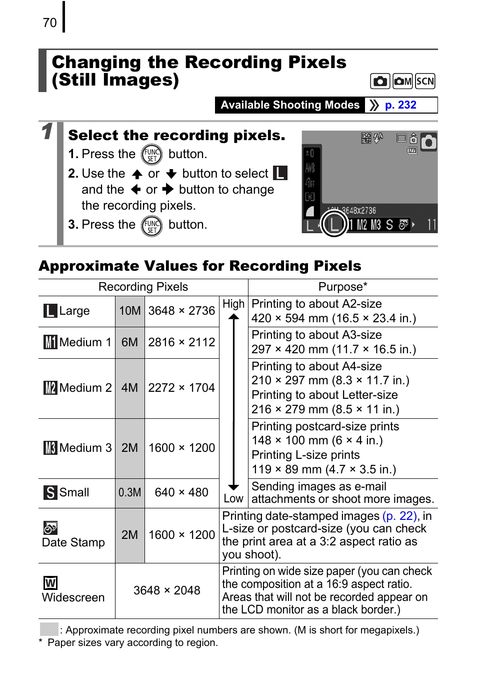 Changing the recording pixels (still images), P. 70, Approximate values for recording pixels | Select the recording pixels | Canon 970 IS User Manual | Page 72 / 238