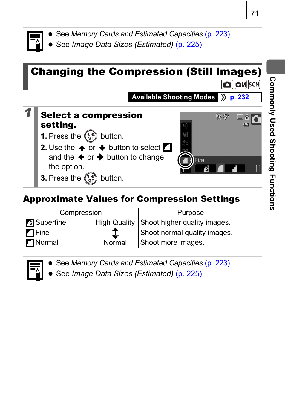 Changing the compression (still images), P. 71, Approximate values for compression settings | Select a compression setting | Canon 970 IS User Manual | Page 73 / 238