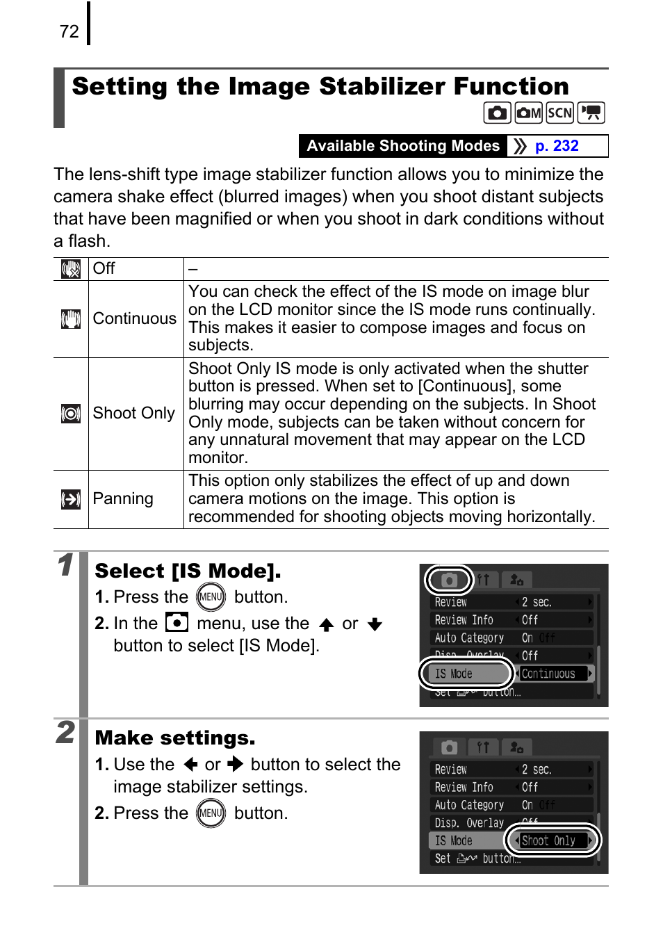 Setting the image stabilizer function, Setting other than [off, P. 72) | P. 72 | Canon 970 IS User Manual | Page 74 / 238