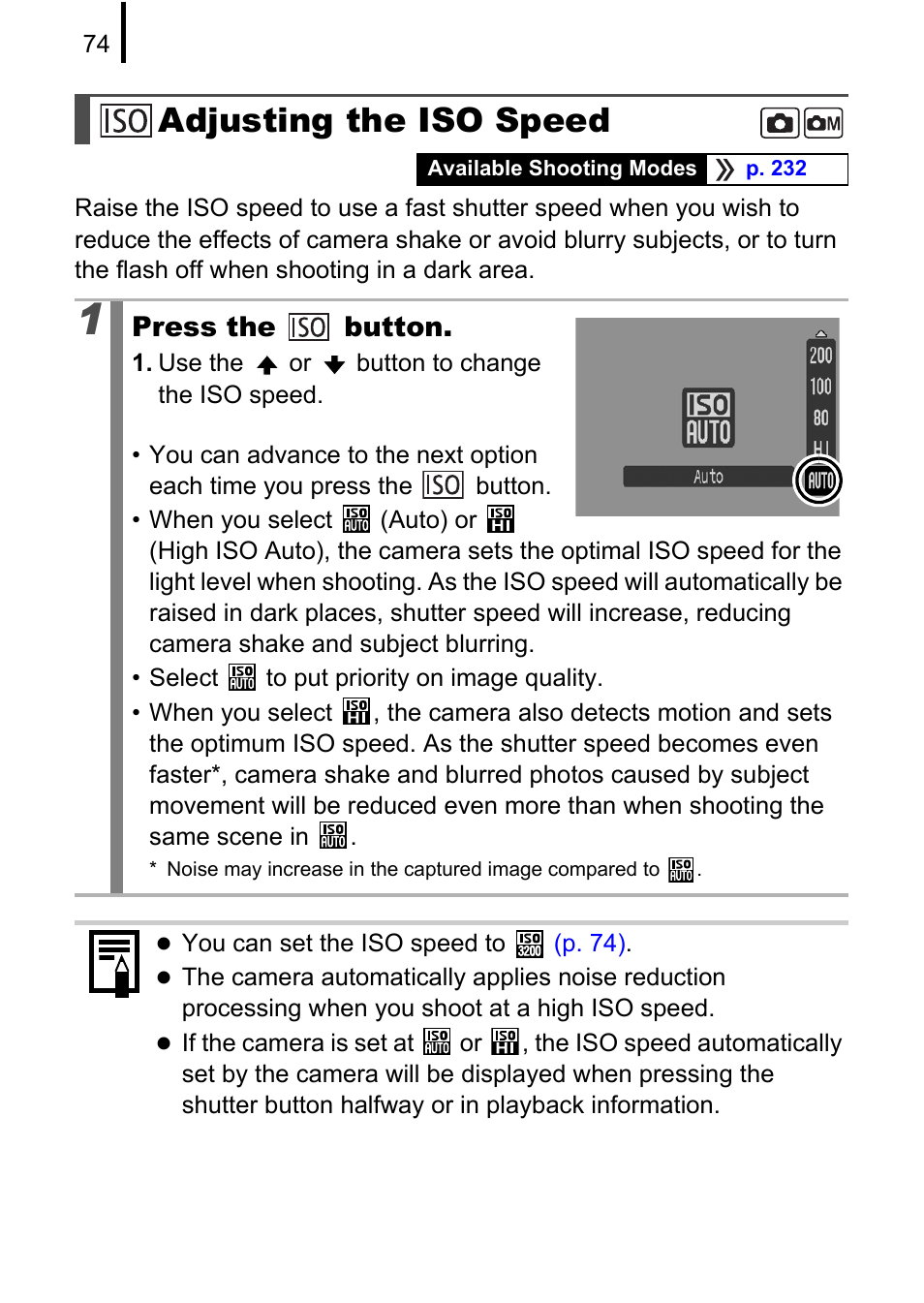 Adjusting the iso speed, Pp. 74, P. 74) | Press the button | Canon 970 IS User Manual | Page 76 / 238