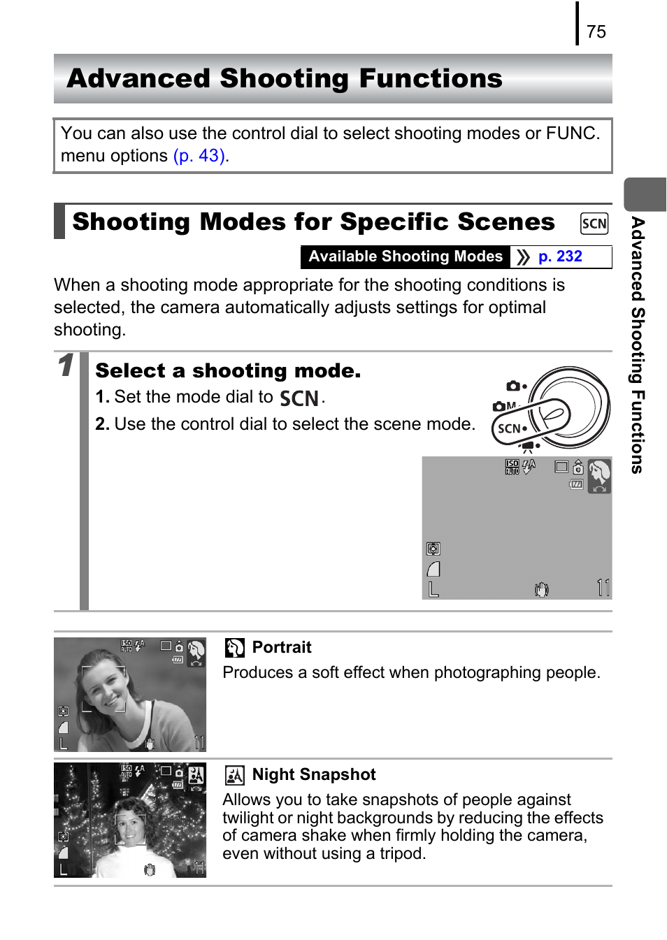 Advanced shooting functions, Shooting modes for specific scenes, Pp. 75 | P. 75), P. 75 | Canon 970 IS User Manual | Page 77 / 238