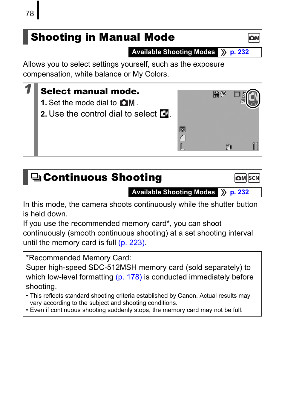 Shooting in manual mode, Continuous shooting, P. 78) | Canon 970 IS User Manual | Page 80 / 238