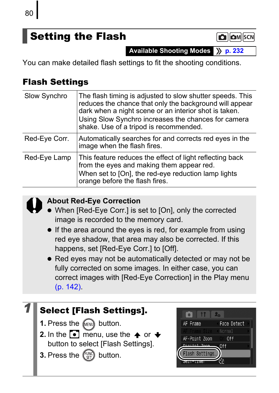 Setting the flash, P. 80), P. 80 | Flash settings, Select [flash settings | Canon 970 IS User Manual | Page 82 / 238