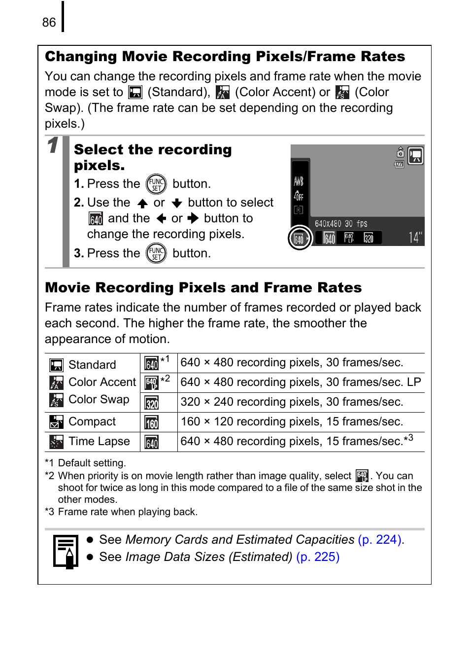 P. 86, Changing movie recording pixels/frame rates, Select the recording pixels | Movie recording pixels and frame rates | Canon 970 IS User Manual | Page 88 / 238