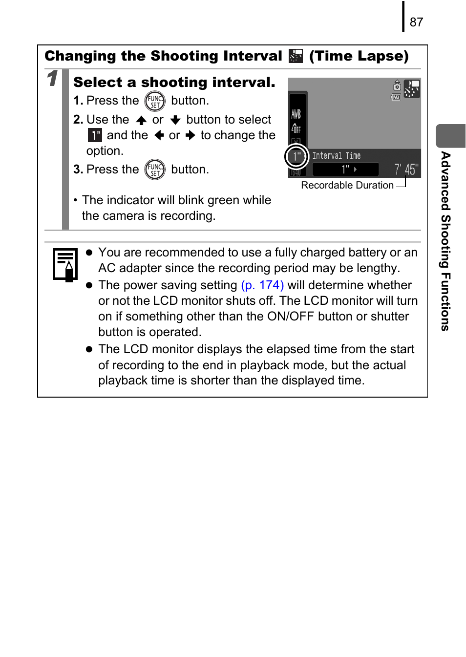 P. 87, Changing the shooting interval (time lapse), Select a shooting interval | Canon 970 IS User Manual | Page 89 / 238