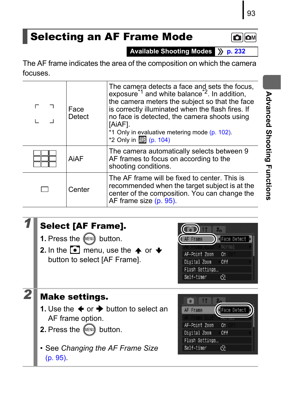 Selecting an af frame mode, P. 93, Ace detect | P. 93), Select [af frame, Make settings | Canon 970 IS User Manual | Page 95 / 238