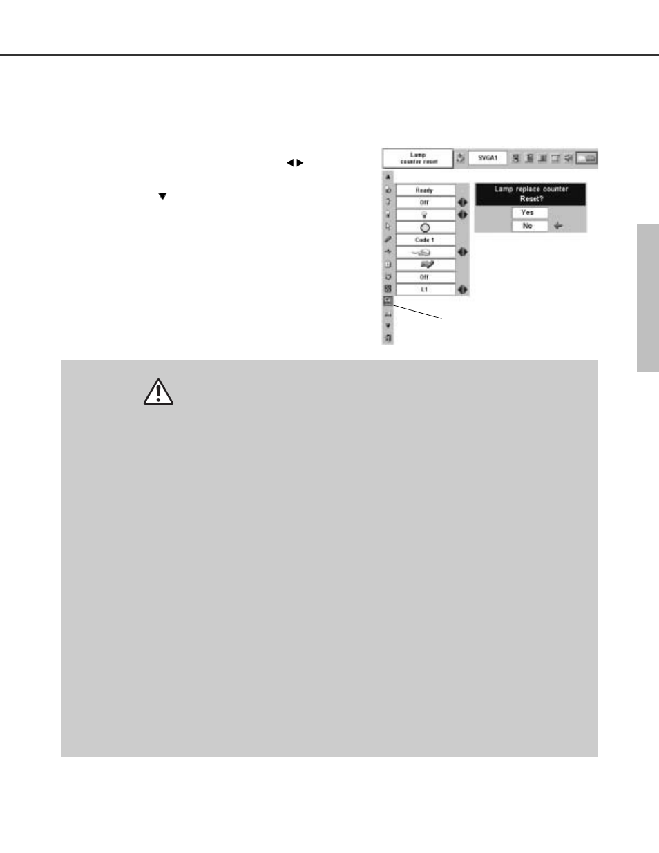 Lamp replace counter, Lamp handling precautions | Canon LV-X4 User Manual | Page 51 / 64