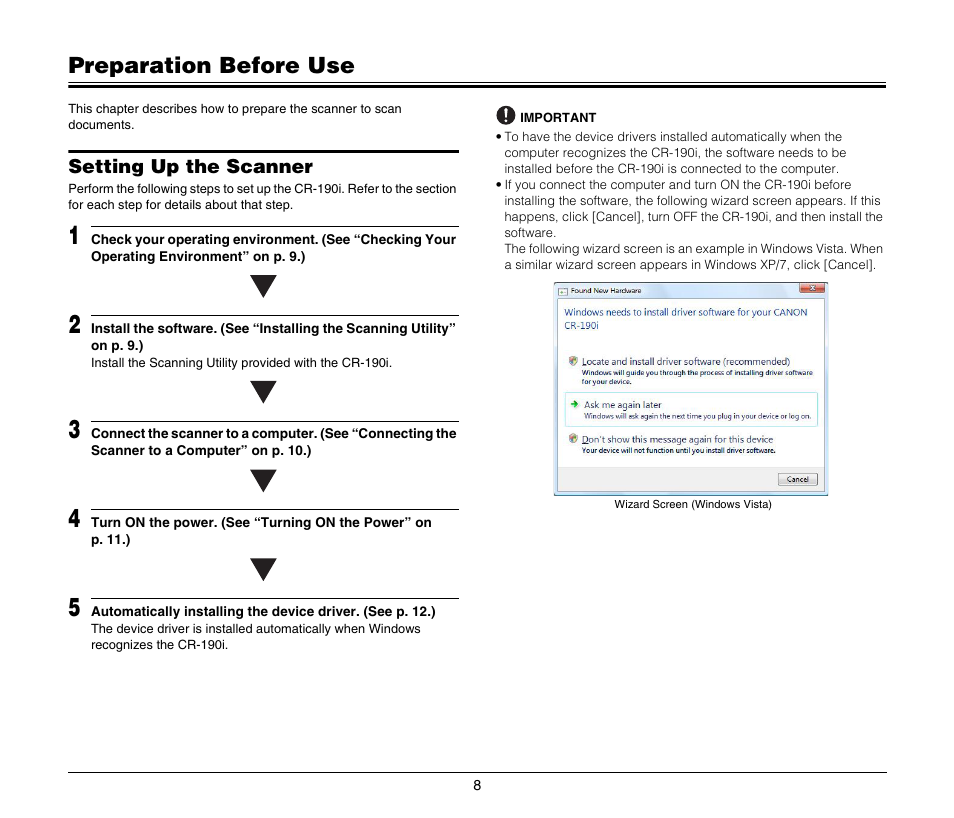 Preparation before use, Setting up the scanner | Canon CR-190I User Manual | Page 10 / 19