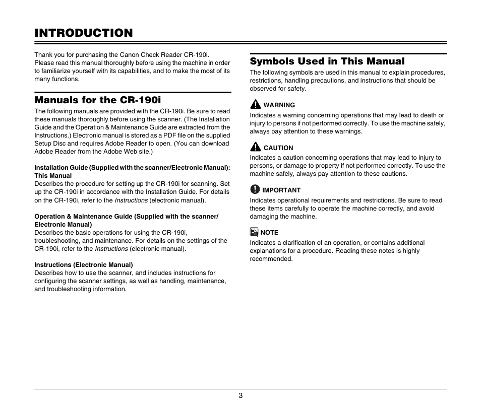 Introduction, Manuals for the cr-190i, Symbols used in this manual | Canon CR-190I User Manual | Page 5 / 19