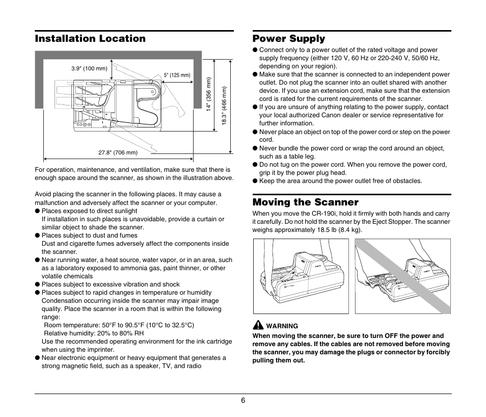 Installation location, Power supply, Moving the scanner | Canon CR-190I User Manual | Page 8 / 19