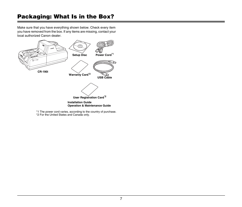 Packaging: what is in the box | Canon CR-190I User Manual | Page 9 / 19