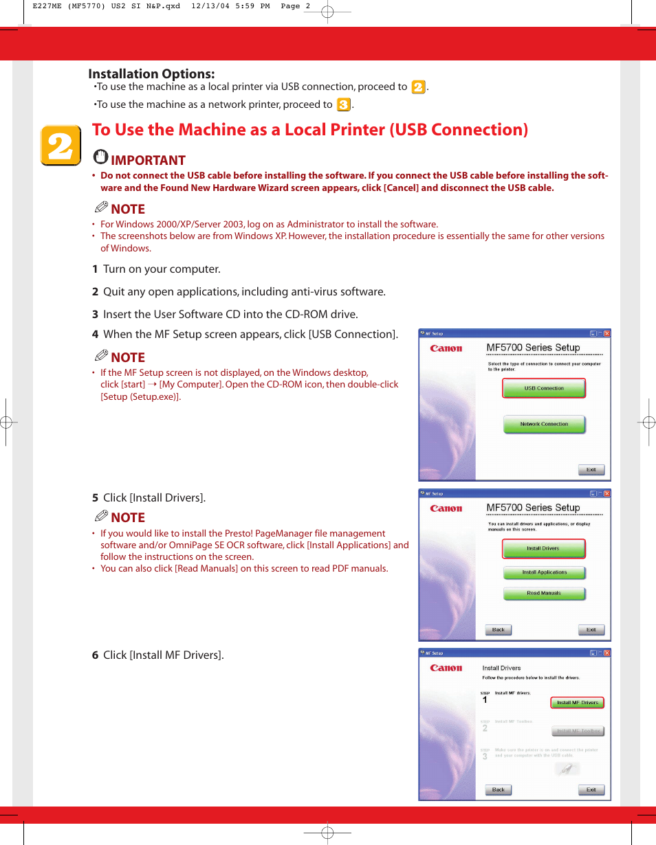 Important, Installation options | Canon ImageCLASS MF5770 User Manual | Page 2 / 8