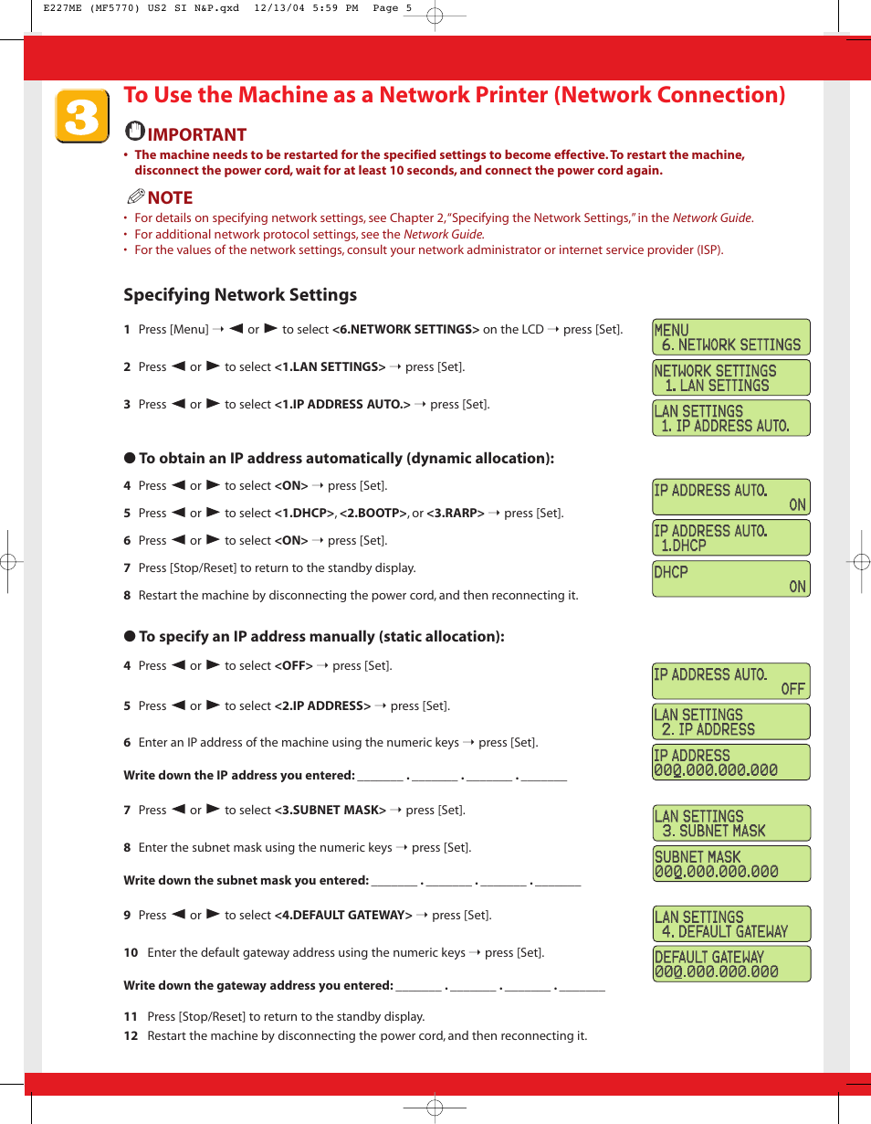 Important, Specifying network settings | Canon ImageCLASS MF5770 User Manual | Page 5 / 8