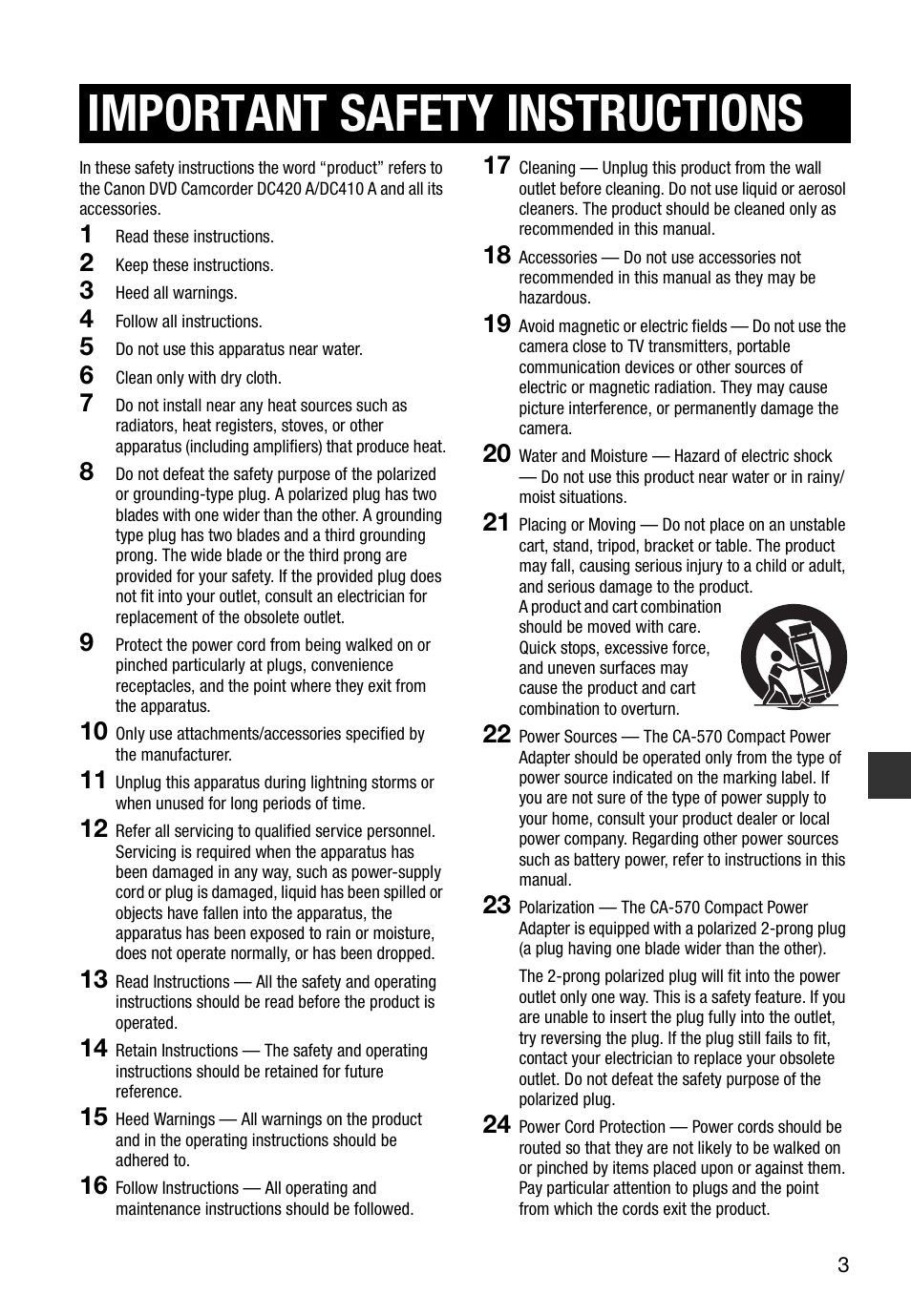 Important safety instructions | Canon DC420 User Manual | Page 3 / 98