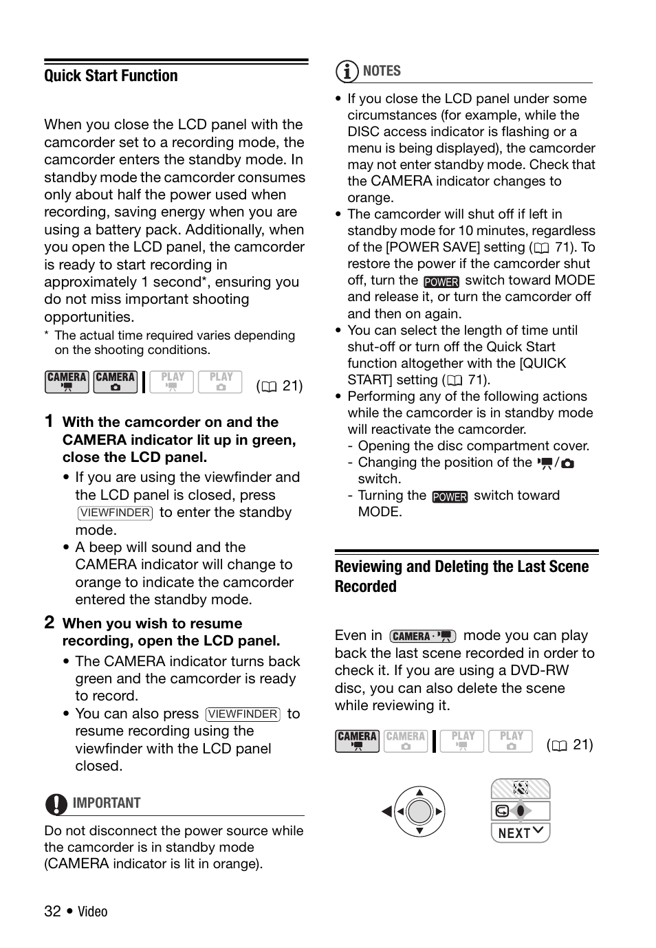 Quick start function, Reviewing and deleting the last scene recorded | Canon DC420 User Manual | Page 32 / 98