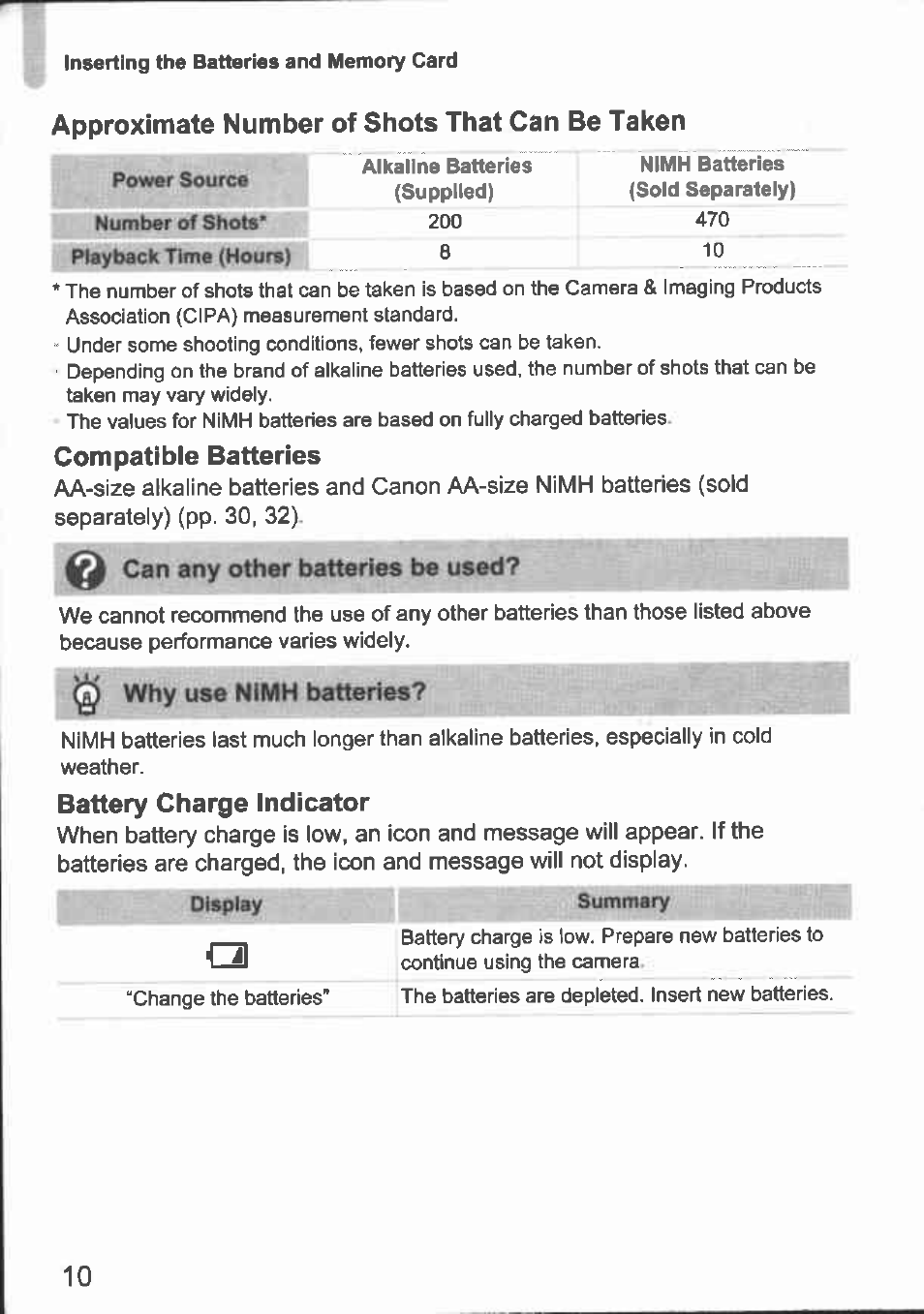 Approximate number of shots that can be taken, Compatible batteries, Battery charge indicator | 6 can any other batteries be used, Why use nimh batteries | Canon A480 User Manual | Page 10 / 36