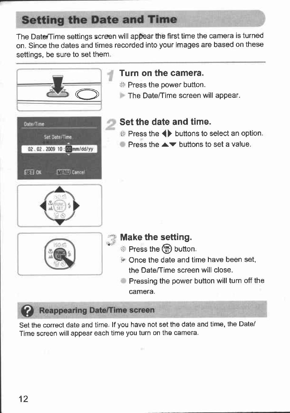 Turn on the camera, Set the date and time, Make the setting | Setting the date and time | Canon A480 User Manual | Page 12 / 36