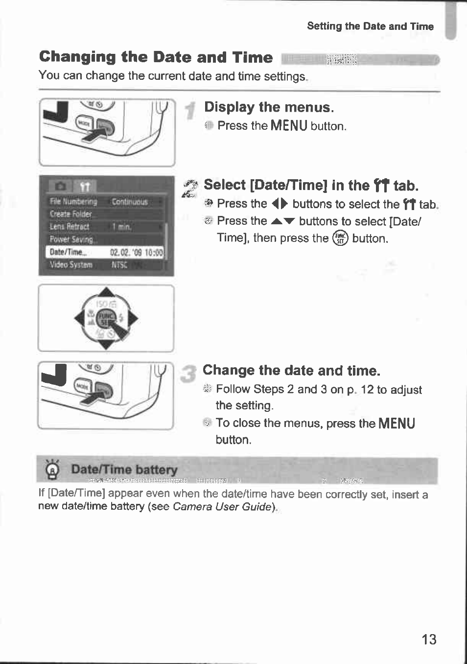 Display the menus, Select [date/time] in the tt tab, Change the date and time | Changing the date and time, Menu | Canon A480 User Manual | Page 13 / 36