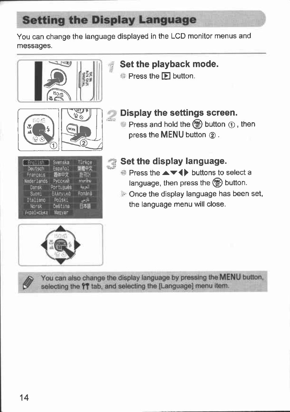 Set the playback mode, Display the settings screen, I set the display language | Canon A480 User Manual | Page 14 / 36