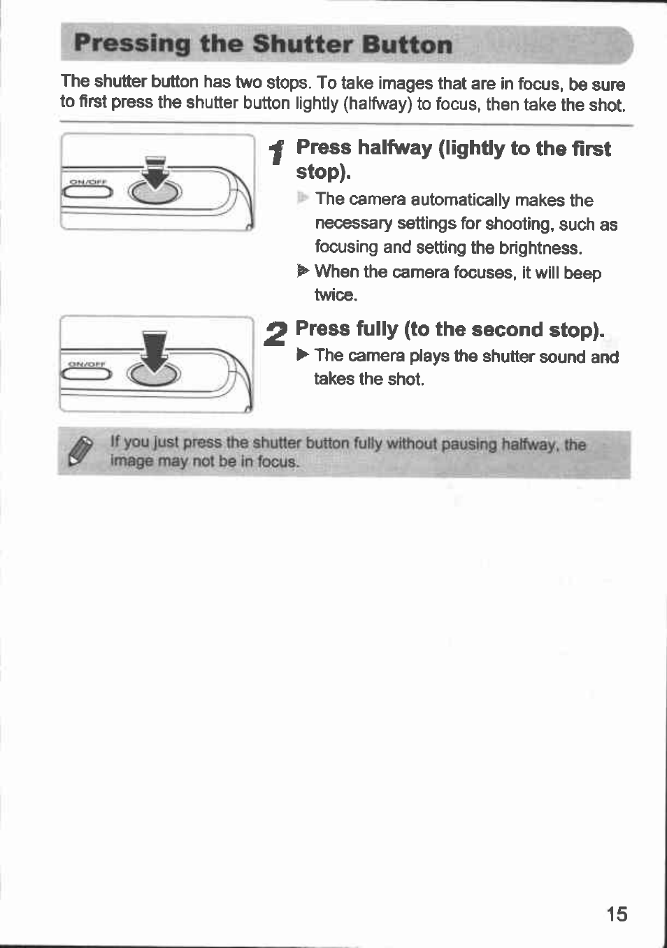 Pressing the shutter button, Press halfway (lightly to the first stop), Press fully (to the second stop) | Canon A480 User Manual | Page 15 / 36