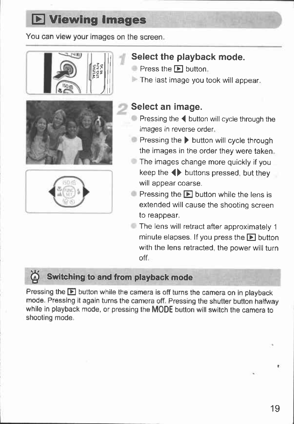 Select the playback mode, Select an image, Switching to and from piayback mode | Viewing images | Canon A480 User Manual | Page 19 / 36