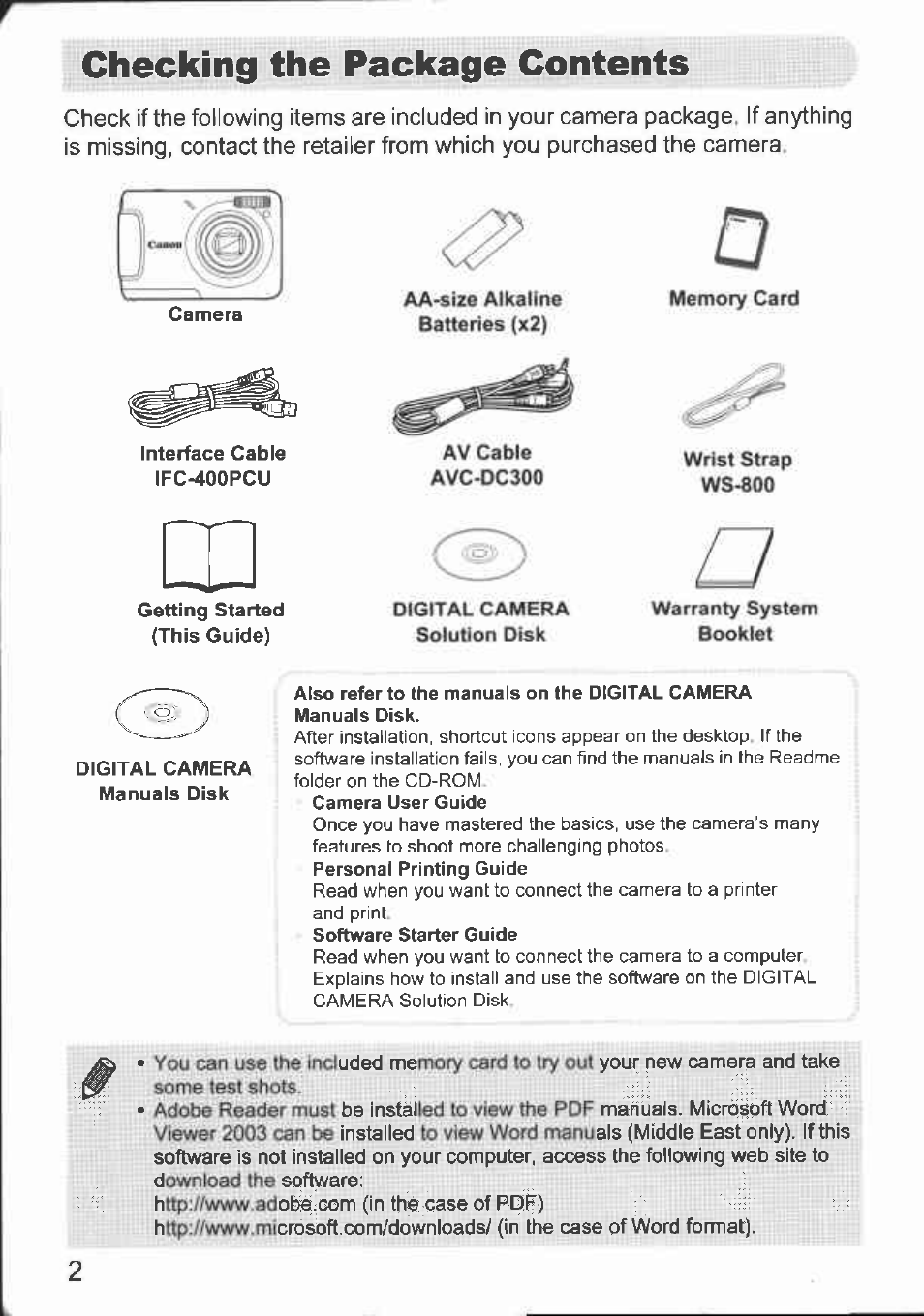 Checking the package contents | Canon A480 User Manual | Page 2 / 36